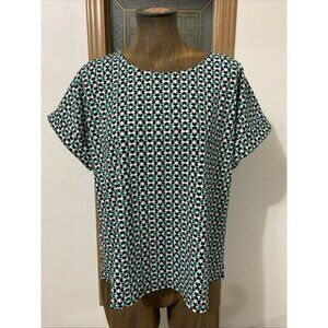 Melloday Anthropologie Green Short Sleeve Geometric Zip Blouse Size Medium